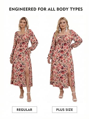 Image of BLENCOT Womens Casual Square Neck Long Sleeve Boho Floral Midi Dress Print Side Split Dresses