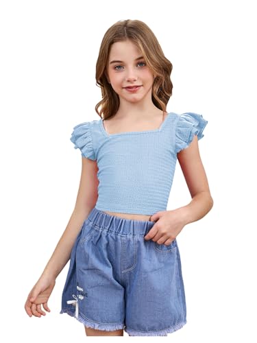 OYOANGLE Girl's Casual Solid Ruffle Trim Cap Sleeve Square Neck Cute Crop Tank Tops T-Shirts