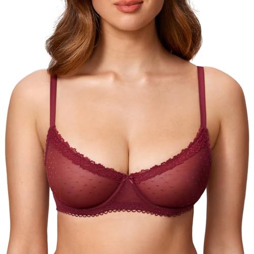 Image of DOBREVA Women's Sheer Mesh Demi Bra Underwire Balconette | Dotted Mesh, Lace Trim, See Through, Plus Size, Smooth, Soft