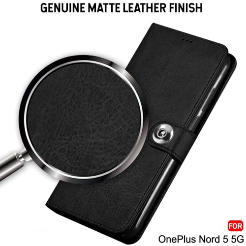 Image of TheGiftKart heGiftKart Genuine Leather Finish Flip Back Cover Case for OnePlus Nord 5 5G | Inbuilt Pockets & Stand | Wallet Style | Designer Button Magnet Flip Back Cover Case (Faux Leather, Black)
