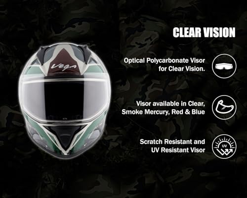 Image of Vega Bolt Army Full Face Riding Helmet with Lightweight Shell, Comfortable Liner, Shock Absorbing Interior, Ventilated Fit, Durable Build, and Modern Mud Battle Green Styling Mud Battle Green-M