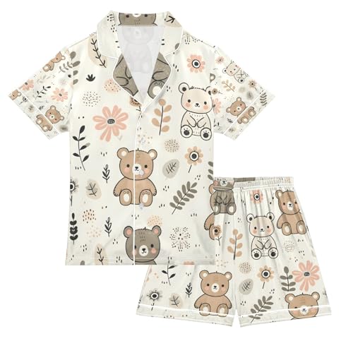 senya Lovely Bear Flowers Satin Summer Pajama Sets Silk Short Sleeve Button Down Sleepwear