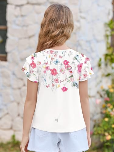 Image of Haloumoning Girls Pleated Ruffle Short Sleeve Shirts Kids Summer Crewneck T-Shirts Fashion Tops Tees 5-14 Years