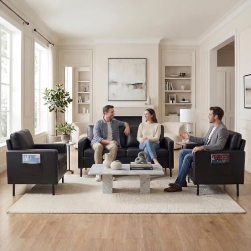 Image of Modern 3 Piece Faux Leather Couch and Chair Set, 56 Inch, USB Ports, Office