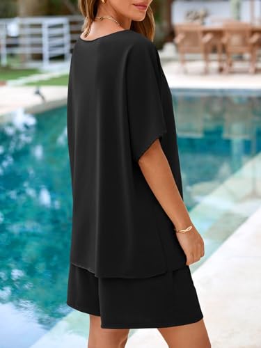 Tankaneo Womens 2 Piece Lounge Sets Short Sleeve Off Shoulder Tops Drawstring Shorts Summer Outfits Pajamas4