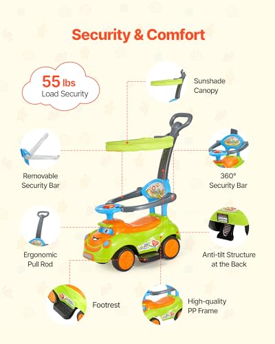 Image of VEVOR Ride On Push Car, Push Car for Toddler 19 to 36 Months, Around Buggy with Guardrails, Handle & Under-seat Storage, 55 lbs Load Capacity, Foot-to-Floor Walker for Boys Girls, Green