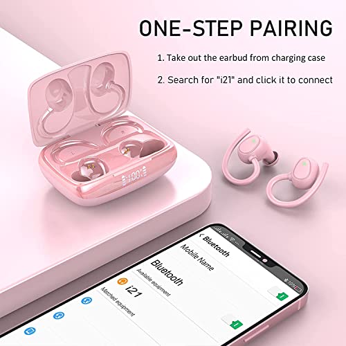 Image of Wireless Earbuds Bluetooth 5.3 Headphones With Dual Mic, Noise Cancelling In-Ear Earphones, Sport Earhook IP7 Waterproof, 48H Stereo Headset, USB-C (Pink)