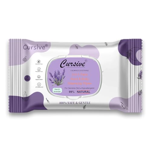 Image of Cursive 99% Natural Face, Hand & Body Cleansing Wipes With French Lavender Refreshing, Calming & Soothing Wipes | Hypoallergenic, Safe For Sensitive Skin | Gentle & Nourishing - Enriched With Aloe & Organic Extracts For Soft, Hydrated Skin (Pack of 2)