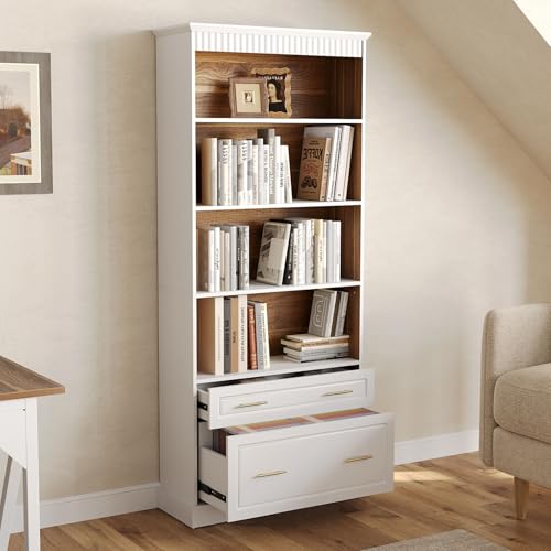 LITTLE TREE 72-Inch Tall White Bookcase, 5-Tier Wooden Open Display Bookshelf with 2 Drawers fits Letter, Legal, A4 Size, Modern Floor Standing Storage Organizer for Home Office & Living Room,Bedroom