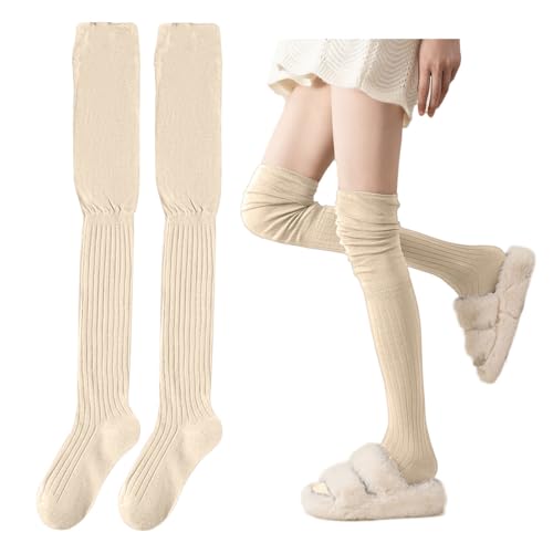 Women's Fashionable Over - Knee Boot Socks Slouch - Top Knit Design High Socks Ideal for Over - Calf to High - Thigh Wear Apricot