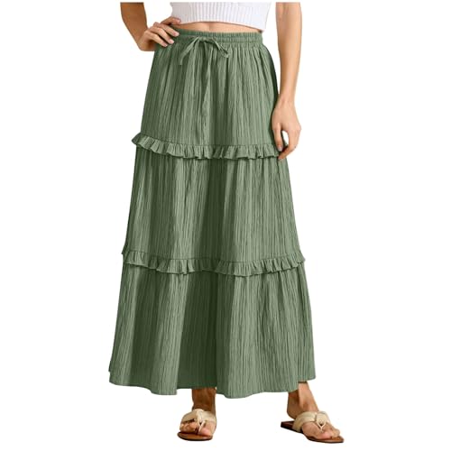 Women Midi Skirt Summer Boho Elastic High Waist Beach Long Skirts Casual Trendy Hem Pleated A-Line Flowy Swing Skirt Green