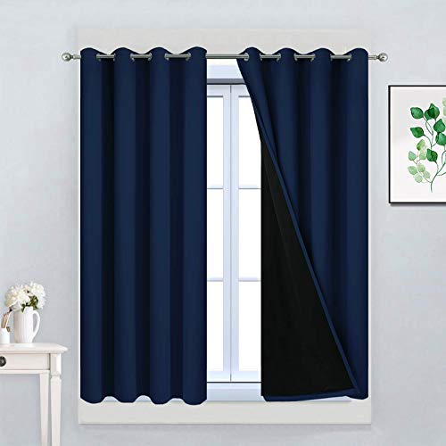 Image of Yakamok Navy Blue 100% Blackout Curtains 45 Inches Long 52 inch Wide, 2 Panels | Blackout Curtain Panels for Bedroom, 2 Thick Layers Grommet Top Thermal Insulated Drapes with Black Liner for Living Room