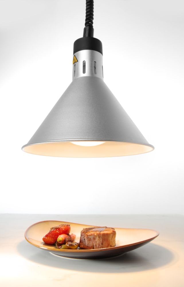 HENDI Lampe chauffante suspendue réglable en hauteur, conique, lampe thermique infrarouge pour cuisine et maintien des aliments au chaud, 230V, 250W, Ø275x(H)250mm, aluminium argenté