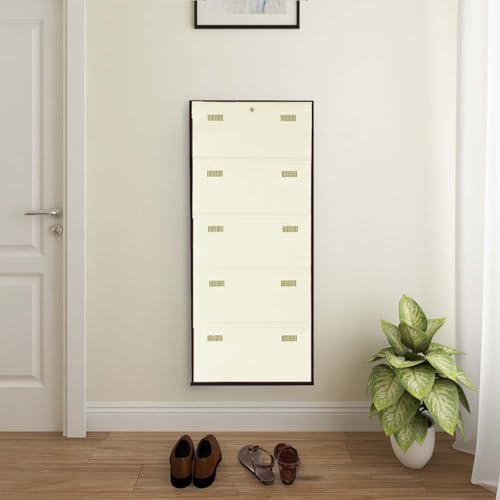 Image of Metal Shoe Rack Wall Mounted for Home with Central Locking 5 Door 28 inch Wall Mounted Metal 15 Pair Shoe Rack Cabinet Pre-Assembled Rack Shelves 3 Year Warranty (Brown & Ivory)