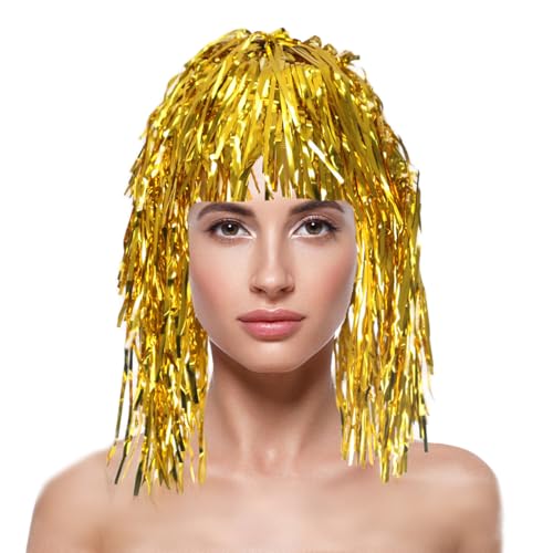 KOLIGHT Shiny Tinsel Hat Wig with Fringe - Colorful Cheerleading Fan Accessory for Holiday Parties, Sports Events &amp; Costume Decorations with Cap+Comb(gold)