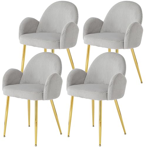 Image of Eifizek Home Office Chair Set of 4, Modern Corduroy Upholstered Vanity Desk Chair with Gold Legs for Girls Women, Ergonomic Padded Backrest for Living Room, Grey