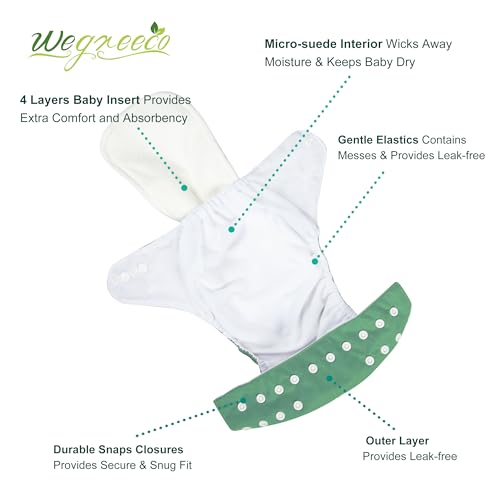 Image of wegreeco Cloth Diapers 6 Pack with 6 Inserts & 1 Wet Bag, Washable Cloth Diapers for Babies, One Size Adjustable Reusable (Green)