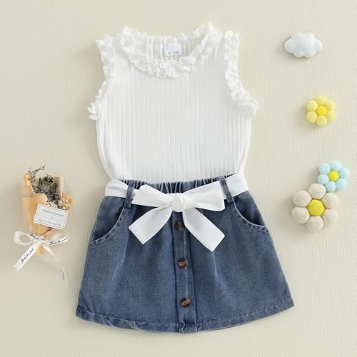 3PCS Baby Girls Ruffles Neck Ribbed Knitted Vest Sleeveless Shirt + A-line Denim Skirt + Belt Outfits Sets2