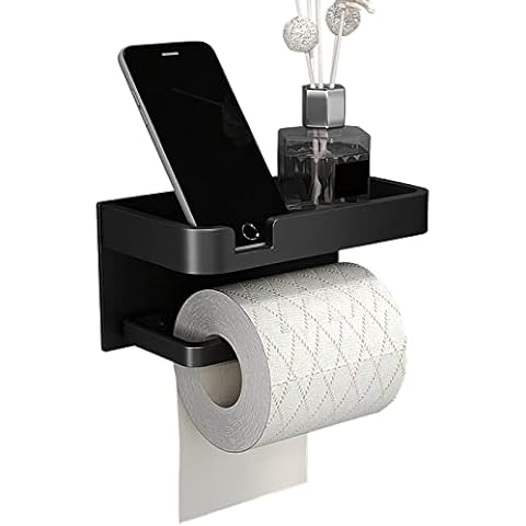 Toilet Paper Holder with Shelf, Two Installations Ways Toilet Paper Holder Wall Mounted Self Adhesive, Black Toilet Paper Holder, No Drilling, Self Adhesive Loo Roll Holder Toilet Tissue Holders Cover