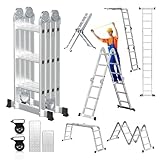 Cecaylie Escalera multiusos 4 x 3, 360 cm, 7 en 1, de aluminio, con 2 plataformas y 2 ruedas de transporte, hasta 150 kg, multiusos