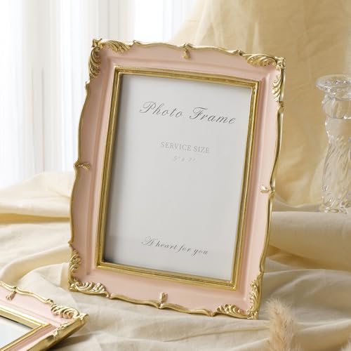 Vintage Pink 5x7 Picture Frame, Pink and Gold 5 by 7 Antique Photo Frames, Ornate Textured Hand-Crafted Resin Frame with Glass Front for Tabletop Display, Retro Design Home Decor
