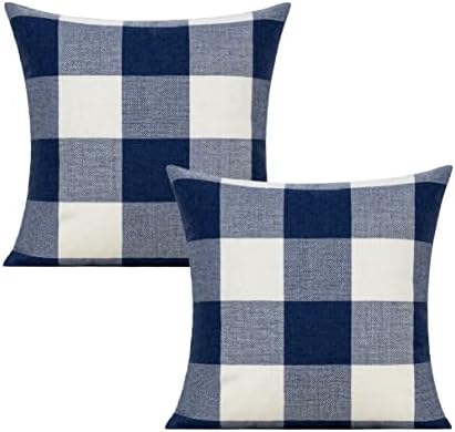 VAKADO 22x22 inch Set of 2 Navy Blue White Buffalo Plaids Throw Pillow Covers Outdoor Farmhouse Retro Decorative Check Cushion Cases Home Decor for Couch Patio Porch Sofa Furniture, Dark Blue