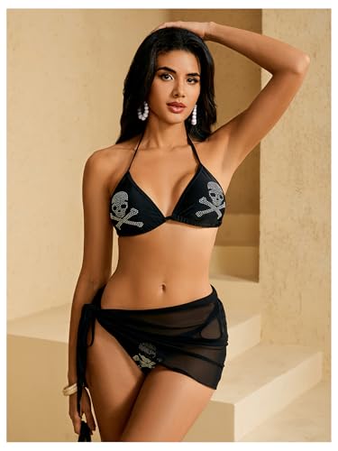 WDIRARA Women's Skull Rhinestone Triangle Halter Tie 3 Piece Metallic Swimsuit and Wrap Skirt4
