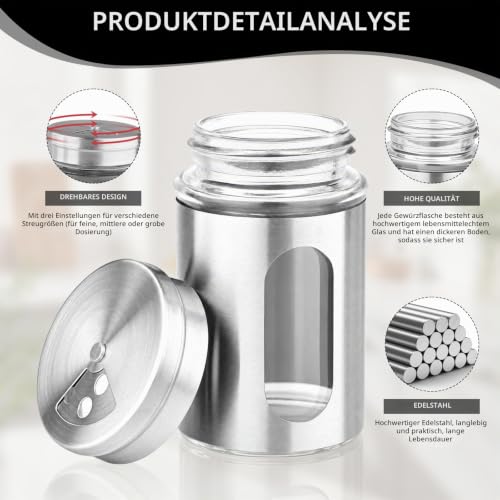 Foto von Gewürzdosen, 3 Stück Gewürzgläser mit Streueinsatz, 80ml Gewürzstreuer Edelstahl Mini Gewürzstreuer Glas Gewürz Organizer für Salz Pfeffer Gewürze Aufbewahrung Küchen Organizer(Silber/Rot/Schwarz)