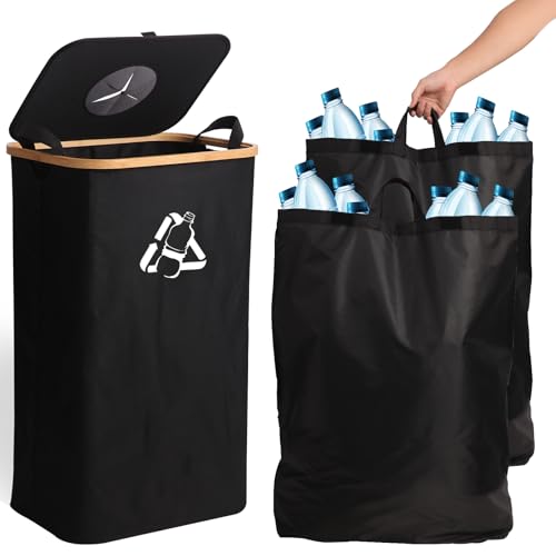 TROCHIN Recycling Bin for Kitchen Large 27 Gallon 103L Bin with 2 Removable Reusable Inner Bag,Large Indoor Home Recycling Bin for Bottle Can Glass Waste Plastics (Black)