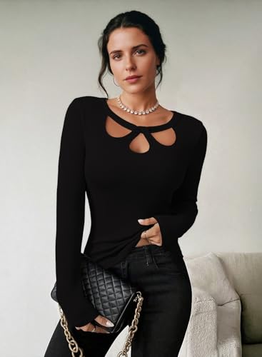 Pink Queen 2025 Women's Long Sleeve Cutout Keyhole Neck Top Ribbed Knit Shirts Casual Elegant Stretch2