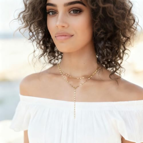 2 Stück Lange Halskette Damen,Layering Ketten Set ,14K Goldkette & Silber Wasserfest Choker Kette,Damen Gold Halskettes mit CZ Anhänger Y Kette Panzerkette Gold Halskette,für Damens Frauen Mädchen – Bild 8