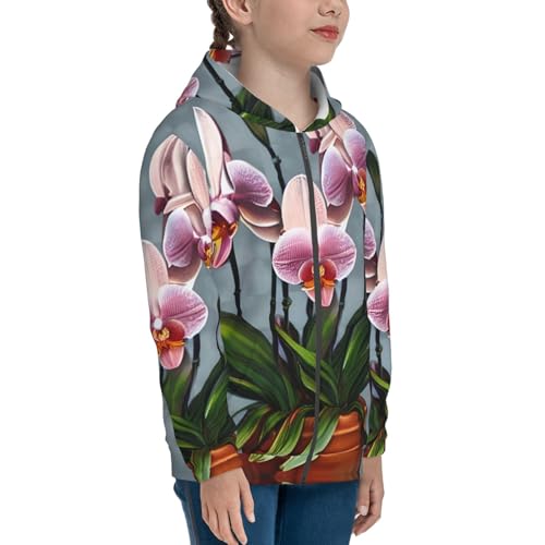 X-Large Blooming Orchids Print Girls Athletic Zip Up Hoodies,Sweatshirts with Pockets Long Sleeve Hooded Jackets, for 7-18 Y Black3
