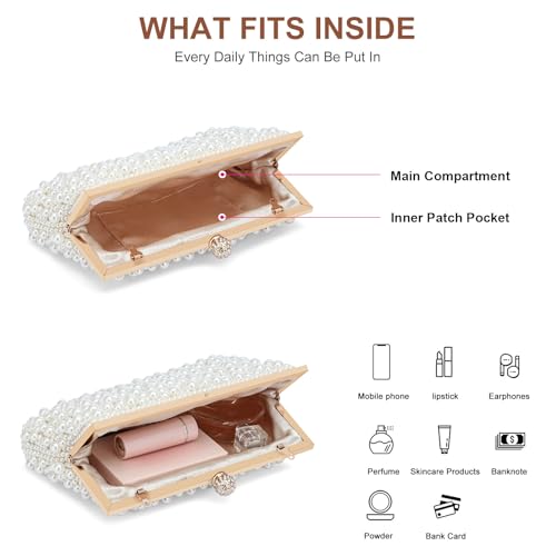 Image of UBORSE Women Pearl Clutch Bag Noble Crystal Beaded Evening Bag Wedding Clutch with Pearl Chain