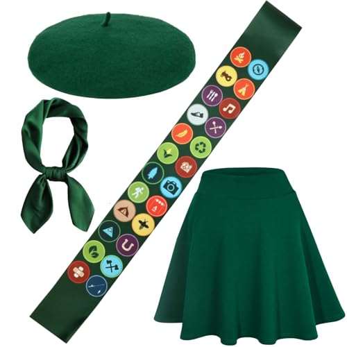 Yanbuny Halloween Scout Costume Set 5 Piece Womens Cosplay Outfit French Beret Satin Sash Mini Skater Skirt Neck Scarf (Medium)