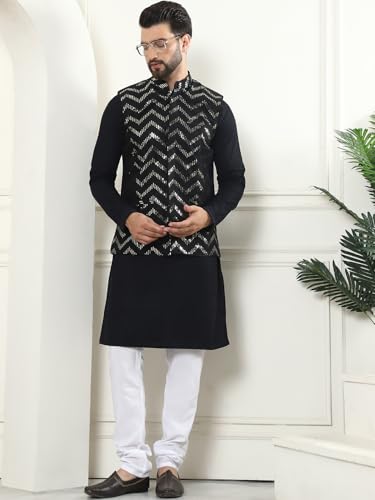 Image of SOJANYA (Since 1958 Men's Pure Cotton Kurta and White Pyjama with Sequins Nehru Jacket