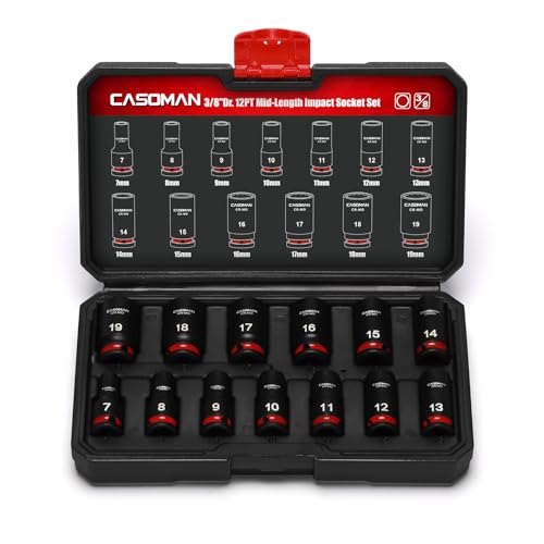 CASOMAN 3/8-Inch Drive 12 Point Metric Semi-Deep Impact Socket Set 13-Piece Mid-Length Socket Set 7 to 19mm CR-MO