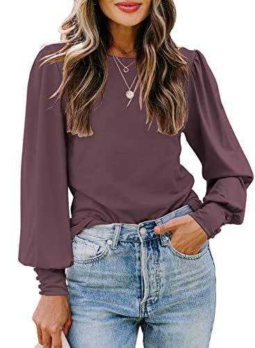 Puff Sleeve Blouses for Women Business Casual Simple Plain Fall Fashion Tops (Z-Purple,L)