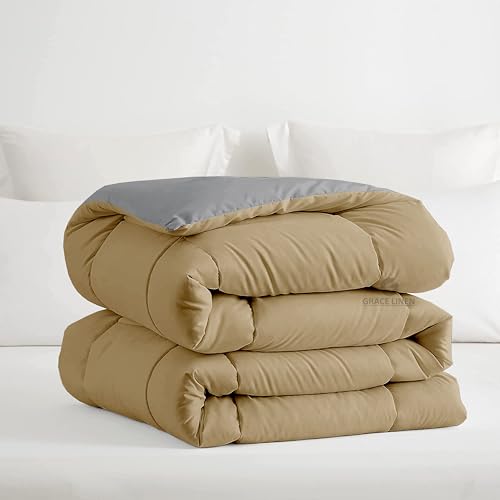Image of Restful Sleep Reversible All Weather Comforter King Size - Dohar /Rajai /Blanket /Duvet -250 GSM Quilt Soft Microfiber Fill King Size (92 inchX106 inch) - Beige /Silver Grey Color