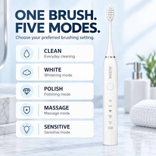 Image of AUSHA White Smart Sonic Electric Toothbrush for Adults