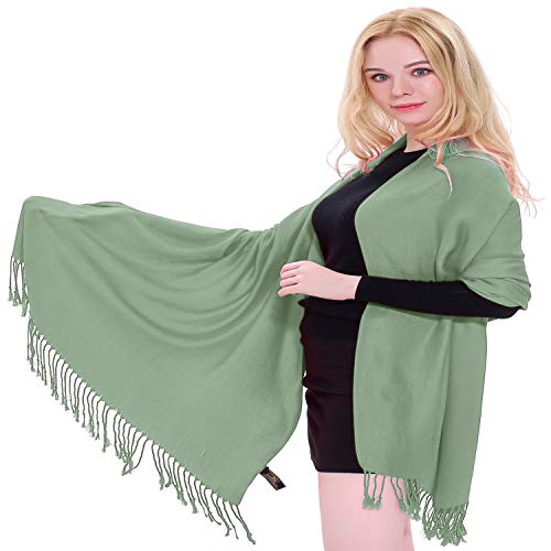 CJ Apparel Laurel Green Sage/Light/Pale/Grey Green Solid Color Tassels Design Nepalese Shawl Wrap Stole Throw Head Wrap Pashmina Hand Made in Nepal New