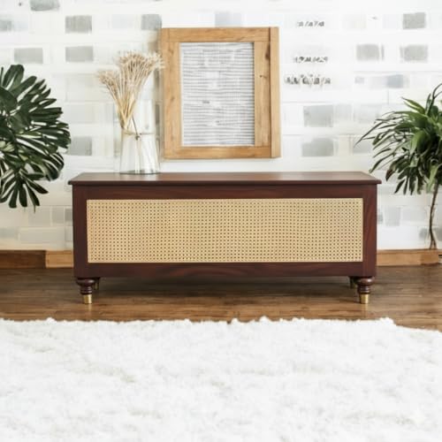 Image of MISAN Storage Boston Rattan Storage Trunk Box - Stylish & Practical Brown Wooden Chest for Home Organization | Versatile Storage Solution with Elegant Woven Design (Walnut)