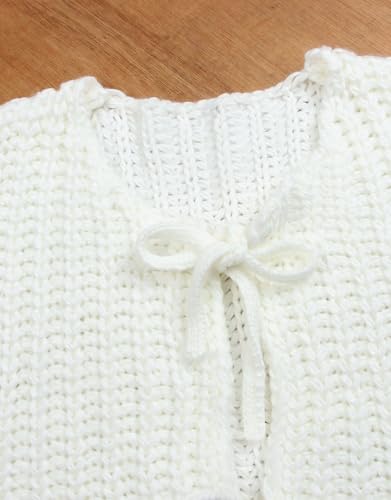 Image of Trendy Cardigan Sweater Vest Crochet Knit Top Sleeveless Bows with Pockets