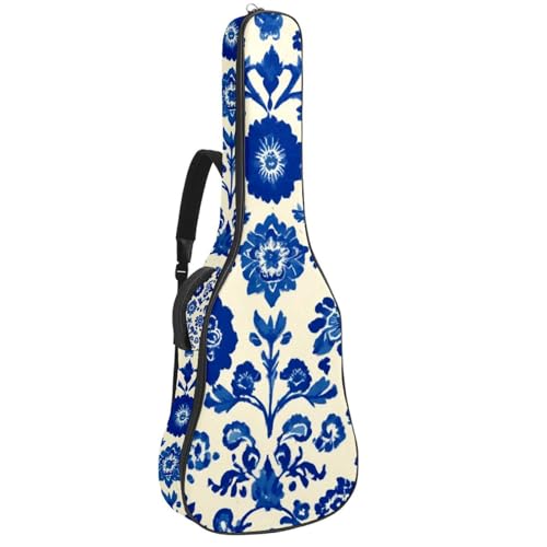 Vintage Blue Paisley Patterns on Cream Background Acoustic Guitar Gig Bag, 1 cm Thick Padding Waterproof Guitar Case Backpack with Dual Adjustable Shoulder Strap for 40-42 Inch Guitar