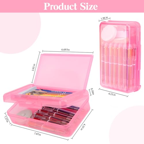 Image of Pencil Case, Double Layer Large Capacity Pink Plastic Pencil Box, Clear Crayon Box, Hard Pen Boxes with Snap-tight Lid, Storage Art Craft Box Marker Organizer for Kids Boys Offices School Supplies
