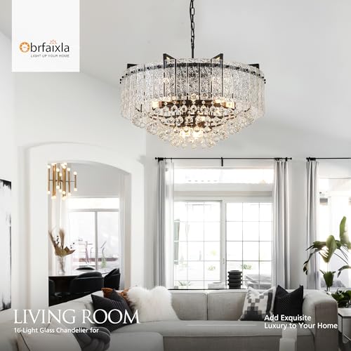 brfaixla 29.2" 16-Light Modern Glass Chandelier Light Fixtures Large Black 4-Tier Crystal Beads Chandeliers for Dining Room Round Hanging Ceiling Pendant Lighting for Bedroom Entryway Foyer Stairway — view 4