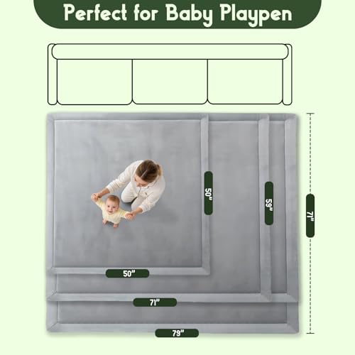 Image of Baby Play Mat for Floor, 1.3 Inch Thick Memory Foam Tummy Time Mat with Non Slip Backing, Soft Coral Velvet 71X79 Inch Playpen Mat Crawling Tatami for Infants Toddlers Kids, Light Grey