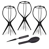 Wig Stand with Wig Brush Combo, 3 Pack Portable Collapsible Wig Dryer Holder for Wigs Display, Professional Wig Comb for Hair Finishing (Black)