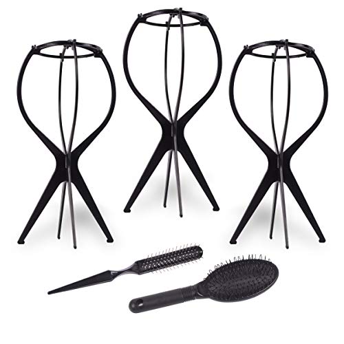 Smilco Wig Stand with Wig Brush Combo, 2 Pack Portable Collapsible Wig Dryer Holder for Wigs Display, Professional Wig Comb for Hair Finishing (Black) (3+2)