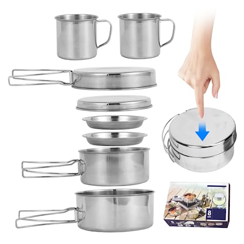 NIDONE Stainless Steel Camping Cookware Mess Kit,Camping Cooking Set 8Pcs Stainless Steel Camping Cookware Portable Cooking Pot And Pan Set With Plates Cups For 5-6 Adults Outdoor Hiking Picnic Bbq