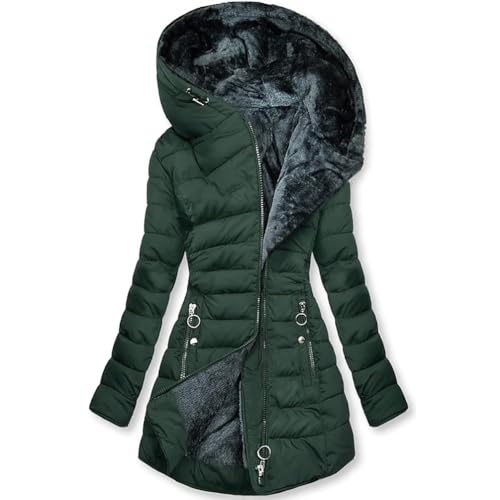 M&Catree Damen Warmer Winter Steppmantel mit Kapuze Wintermantel lang Winterjacke Gefüttert Jacke Übergangsjacke - Dunkelgrün, XL